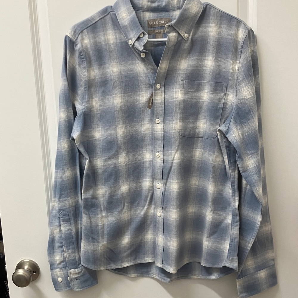 NWT Falls Creek Faded Plaid Button-Down Shirt in Blue and Gray
